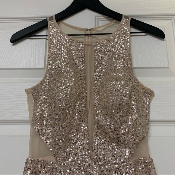 AIDAN BY AIDAN MATTOX Champagne Silver Halter Sequin Illusion Cut Open Back Gown - Picture 3 of 15